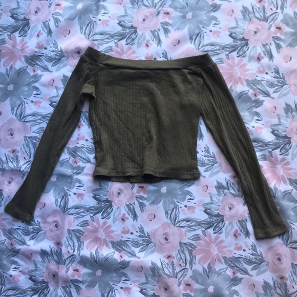 Tops - OLIVE GREEN RIBBED OFF THE SHOULDER CROP